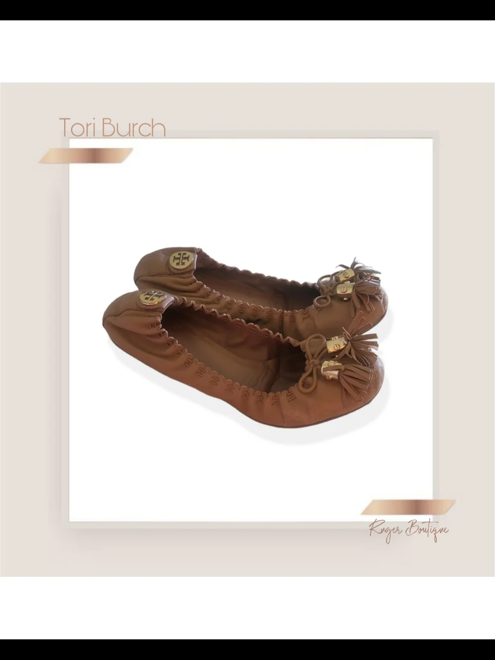 🌿Tory Burch Reese Mestico Royal Tan Leather Tassel Ballet Flats Sz 7